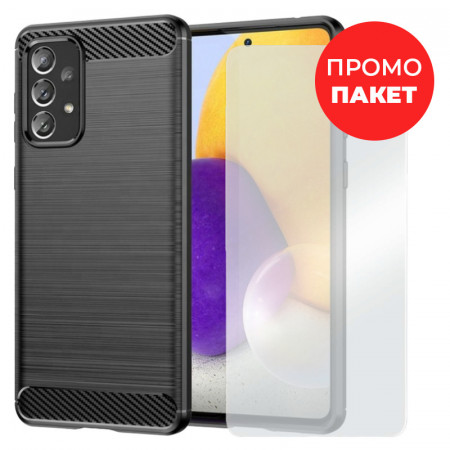 ПРОМО ПАКЕТ Силиконов гръб Carbon + плосък стъклен протектор - Samsung Galaxy A72 / A72 5G