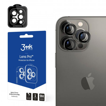 Стъклен протектор за камера с алуминиева рамка и рамка за поставяне 9H 3mk Lens Protection Pro - iPhone 13 Pro Max / 13 Pro сив