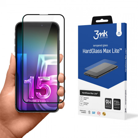 Стъклен протектор с пълно покритие 3mk Hard Glass Max Lite - iPhone 15 с черна рамка