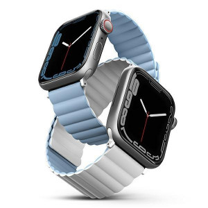 Двулицева магнитна каишка UNIQ Revix - Apple Watch Ultra 49mm / Ultra 2 49mm / 45mm Series 9 / 45mm Series 8 / 45mm Series 7 / 44mm SЕ (2nd gen) / 44mm SE / 44mm Series 6 / 44mm Series 5 / 44mm Series 4 / 42mm Series 3 / 42mm Series 2 бял / син - Img 2