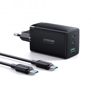 Зарядно за стена JOYROOM GaN 65W USB Type A / 2x USB Type C черен + кабел USB Type C към USB Type C 100W 1.2m (TCG01) черно - Img 1