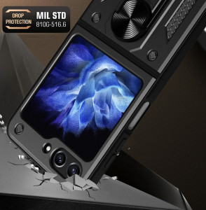 Подсилен калъф Hybrid Armor Camshield с подвижно покритие за камерата и стойка - Z Flip5 черен - Img 2