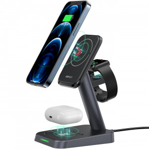 Безжично зарядно със стойка ACEFAST Qi 15W за iPhone (поддържа Magsafe), Apple Watch и AirPods (E3) черно - Img 14