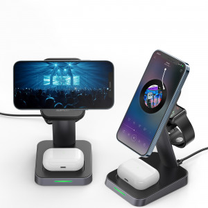 Безжично зарядно със стойка ACEFAST Qi 15W за iPhone (поддържа Magsafe), Apple Watch и AirPods (E3) черно - Img 16