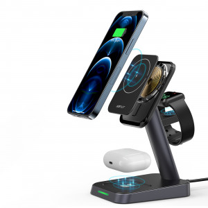 Безжично зарядно със стойка ACEFAST Qi 15W за iPhone (поддържа Magsafe), Apple Watch и AirPods (E3) черно - Img 17