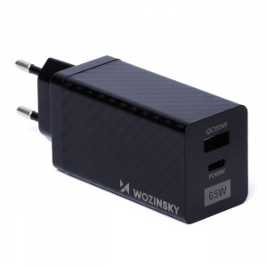 Зарядно за стена WOZINSKY GaN 65W USB Type A / USB Type C PD QC3.0 (WWCG01) черно - Img 1