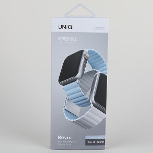 Двулицева магнитна каишка UNIQ Revix - Apple Watch Ultra 49mm / Ultra 2 49mm / 45mm Series 9 / 45mm Series 8 / 45mm Series 7 / 44mm SЕ (2nd gen) / 44mm SE / 44mm Series 6 / 44mm Series 5 / 44mm Series 4 / 42mm Series 3 / 42mm Series 2 бял / син - Img 10