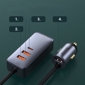 Зарядно за кола BASEUS Share Together 120W USB Type A с удължител за задната седалка 2x USB Type A / USB Type C PD QC (CCBT-B0G) сиво - Img 12