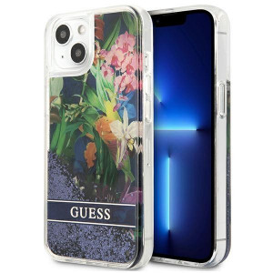 Оригинален гръб GUESS Flower Liquid Glitter GUHCP13SLFLSB - iPhone 13 mini син - Img 1