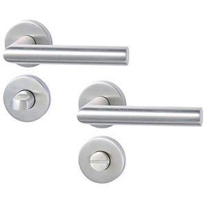 Maner usa de interior din lemn la 90 de grade, cu rozeta pentru baie, material inox mat, STROXX