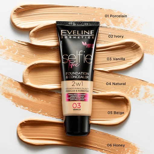 Fond de ten și Corector 2in1 Selfie Time Foundation & Concealer Eveline Cosmetics -Honey