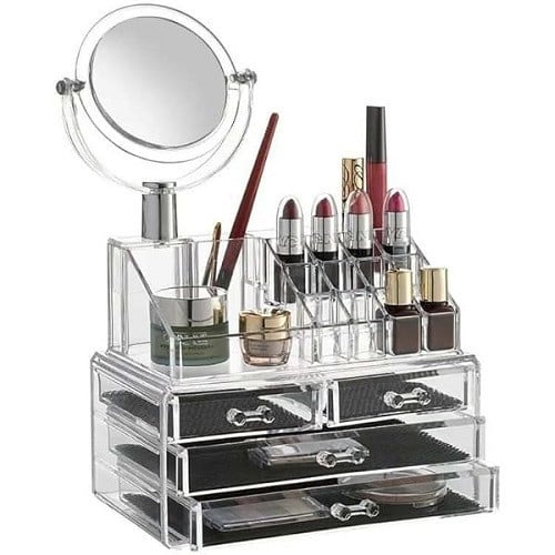 Suport Organizator Cosmetice, Makeup, Oglinda, 3 Sertare, 16 Compartimente