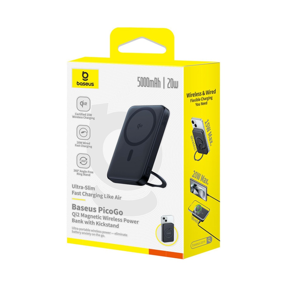 Baterie Externa, Baseus, Incarcare Rapida, Magnetic, Type-C, Qi2, Fast Charging, 20W, 5000mAh, Cablu Type-C, PicoGo, Negru - 7