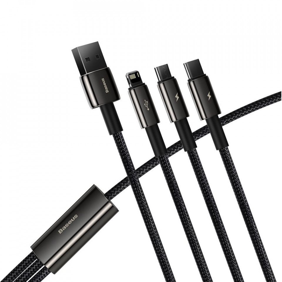 Cablu de date 3in1 USB la Type-C / Lightning / Micro-USB, 3.5A, 1.5m, Baseus Tugsten Gold (CAMLTWJ-01) - Negru - 2 | YEO