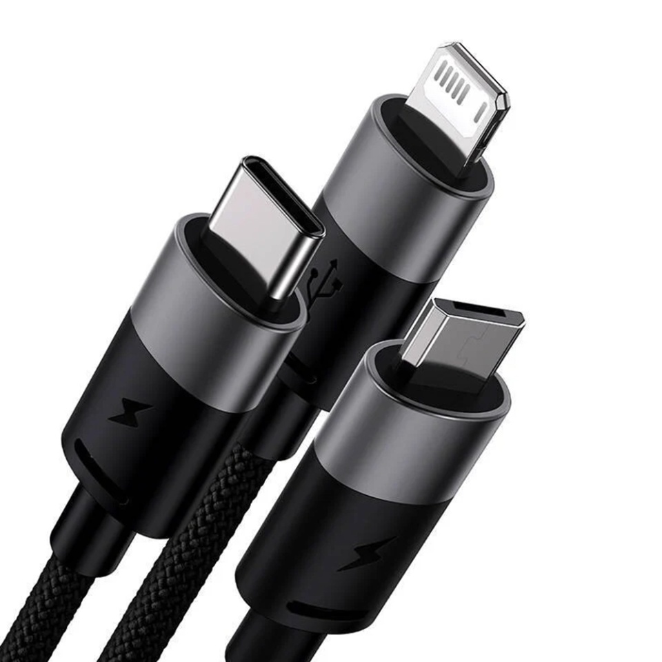 Cablu de Date 3in1 USB la Type-C, Lightning, MicroUSB, 3.5A, 0.6m, Baseus StarSpeed, Negru - 1 | YEO