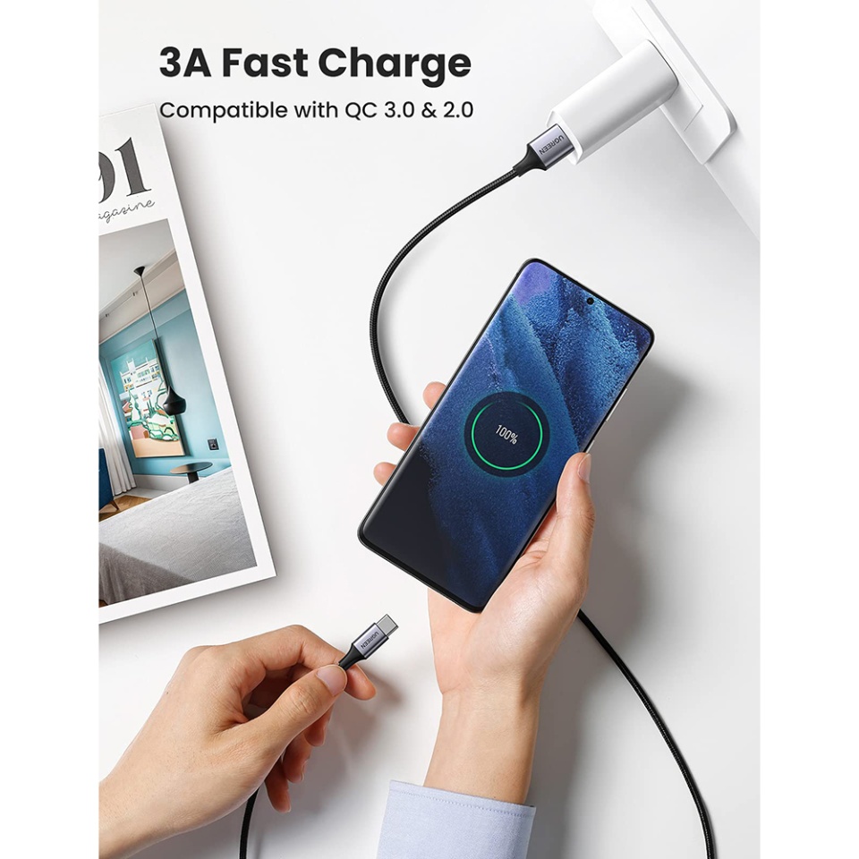 Cablu de Date compatibil cu Apple, Android, USB to Type-C, Fast Charging, 3A, 18W, 480Mbps, Nylon Braided, 2m, Data Cable US288, Ugreen - Space Gray - 1 | YEO