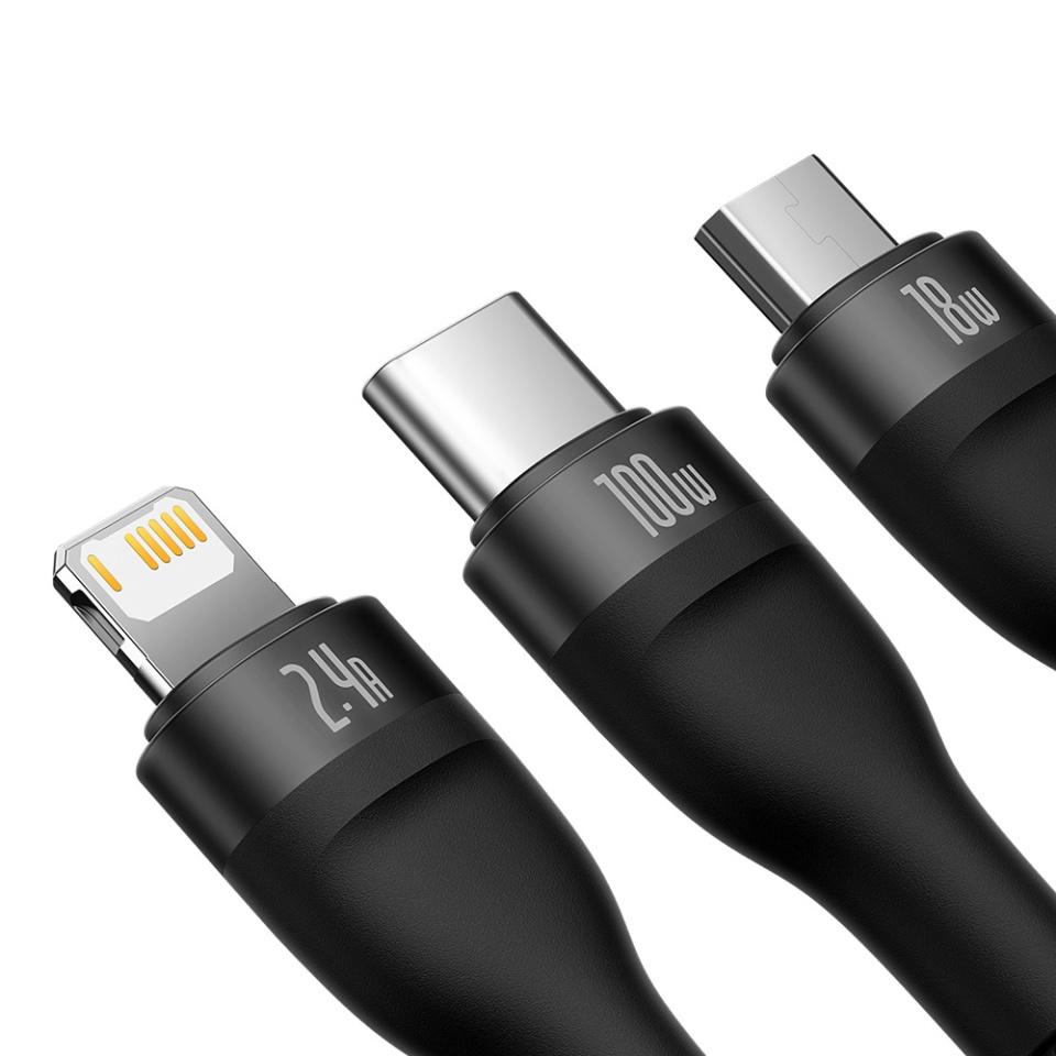 Cablue de Incarcare / Date 3in1 USB la Type-C, Lightning, Micro-USB, 100W, 1.2m, Baseus, Flash Series 2, Negru - 3 | YEO