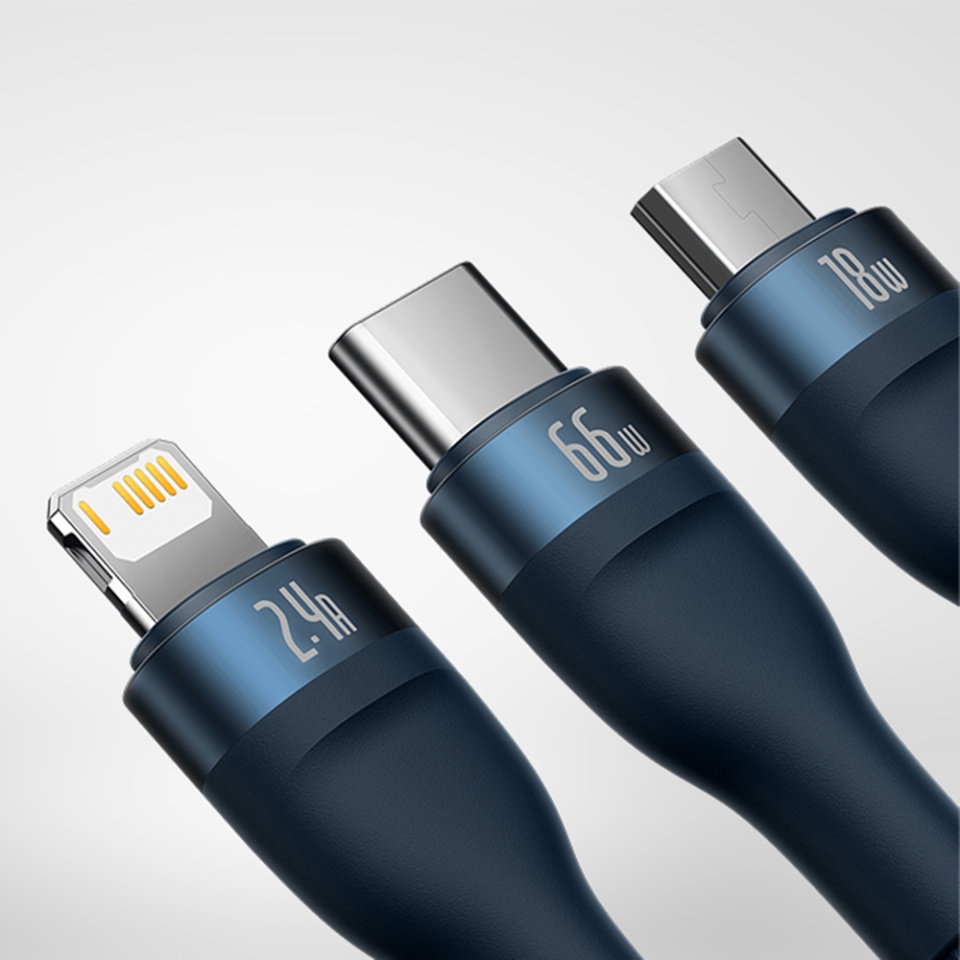 Cablue de Incarcare / Date 3in1 USB la Type-C, Lightning, Micro-USB, 66W, 1.2m, Baseus, Flash Series 2, Albastru - 1 | YEO