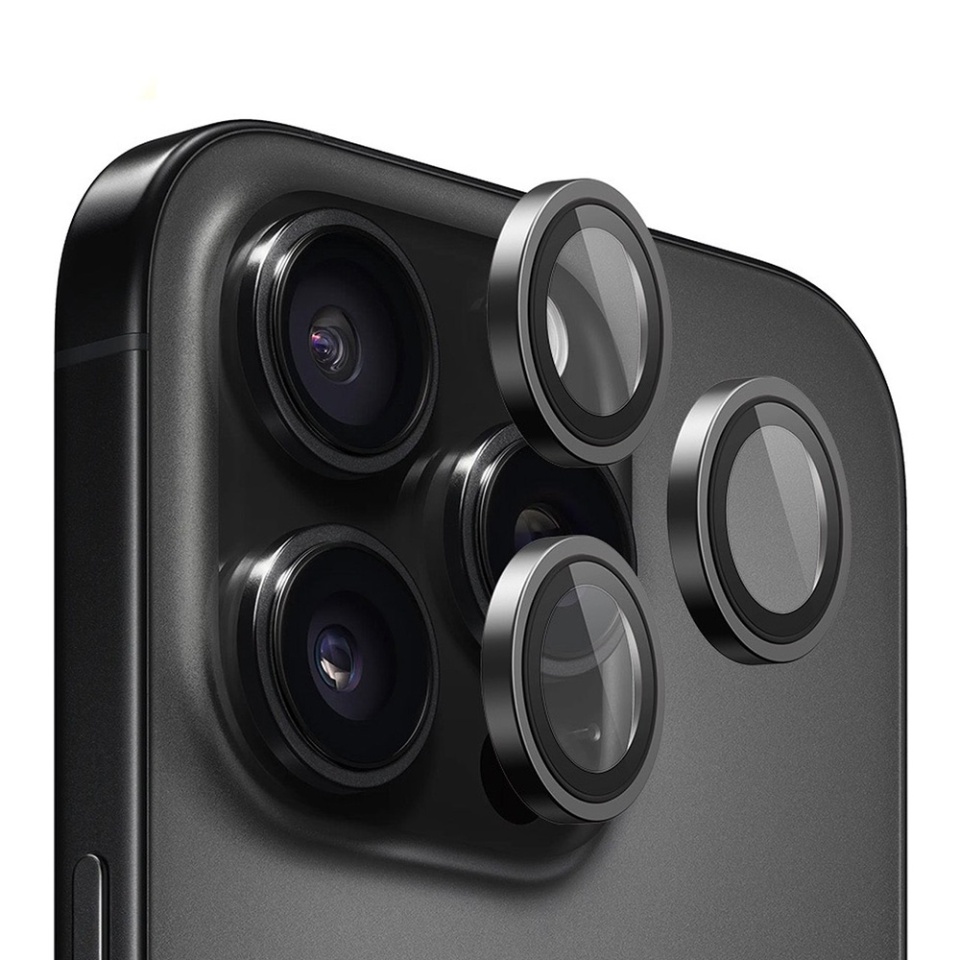 Folie camera pentru iPhone 13 Pro / 13 Pro Max, Blueo, Sticla Securizata, Ultra HD, Original Metal Frame Lens Protector, Set de 3, Negru