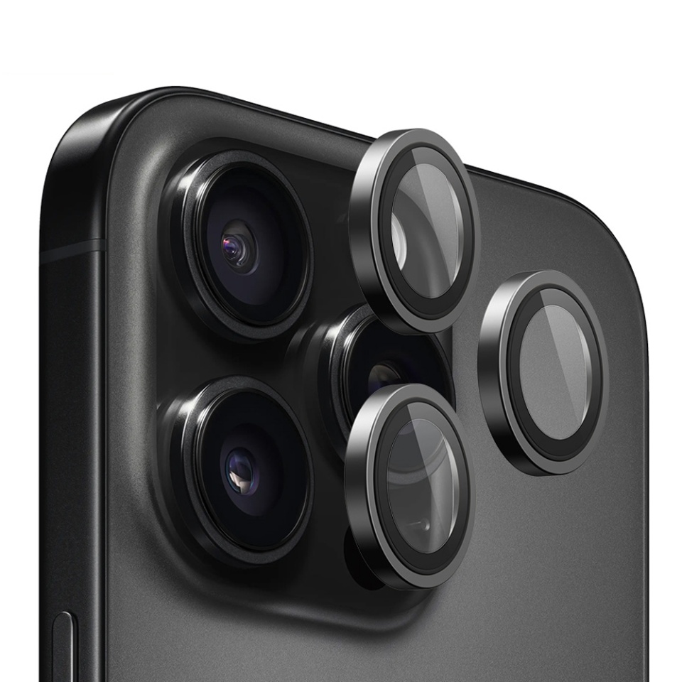 Folie camera pentru iPhone 16 Pro / 16 Pro Max, Blueo, Sticla Securizata, Ultra HD, Original Metal Frame Lens Protector, Set de 3, Negru