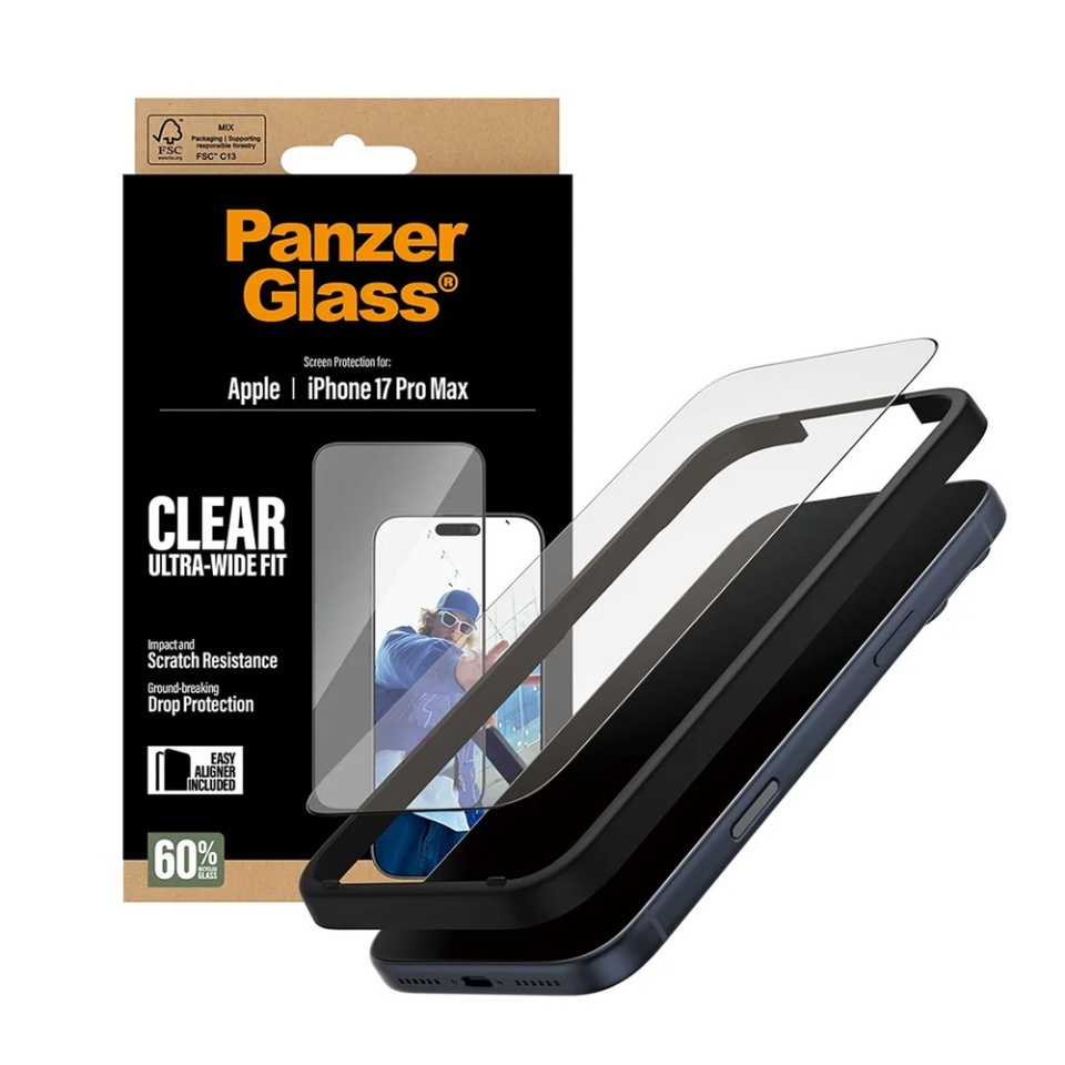 Folie Sticla pentru iPhone 17 Pro Max, Ultra-Wide Fit w. EasyAligner, PanzerGlass, Anti-Soc si Anti-Bule, Transparent