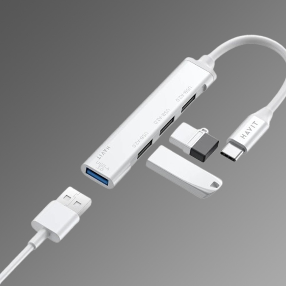 Hub Type-C la USB 3.0, 3x USB 2.1, cablu 11.8cm, Aluminiu, Havit HB41, Argintiu - 2 | YEO