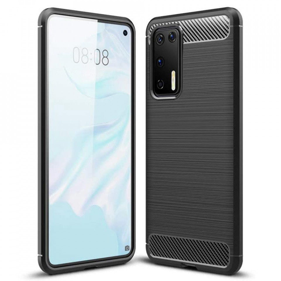 Husa Huawei P40 Pro din silicon, Slim, cu textura Fibra Carbon - Negru