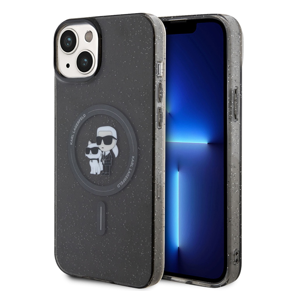 Husa iPhone 15 Plus / iPhone 14 Plus Glitter MagSafe, Karl Lagerfeld - Black Karl & Choupette