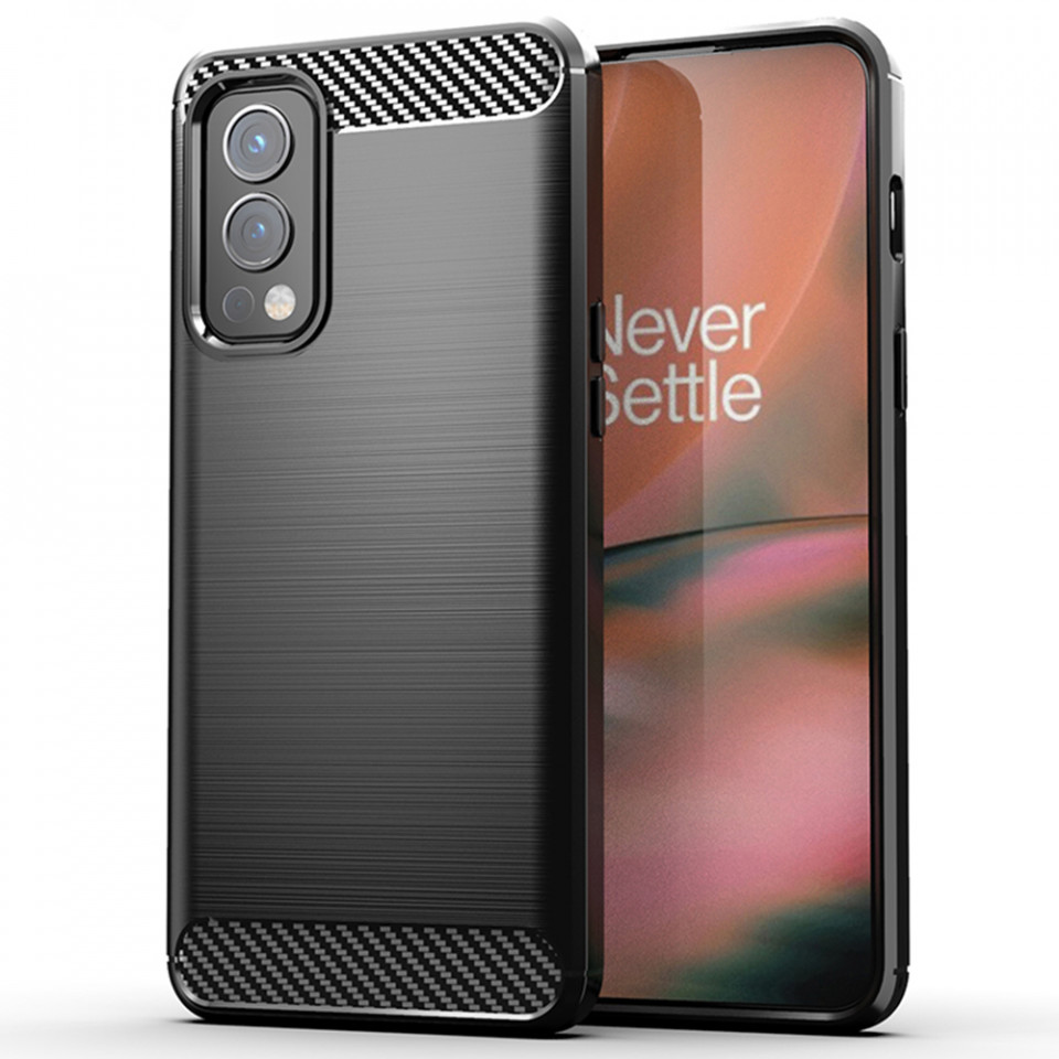 Husa Oneplus Nord 2 5G din silicon, Slim, cu textura Fibra Carbon - Negru