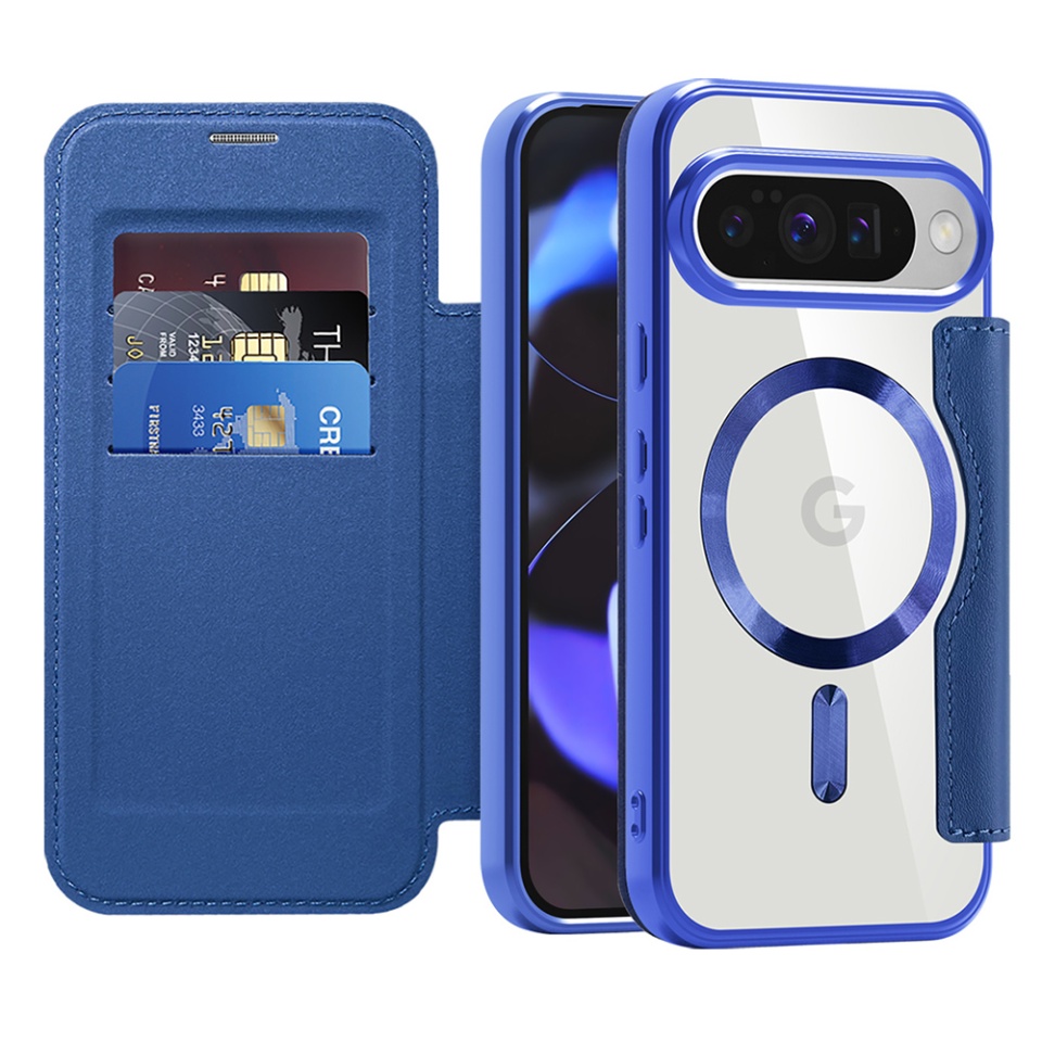 Husa pentru Google Pixel 10 / Pixel 10 Pro tip carte, SKYDDAR INOVATION, SmartMag Book, Magsafe, RFiD, Suport Carduri, set cu sticker, Albastru