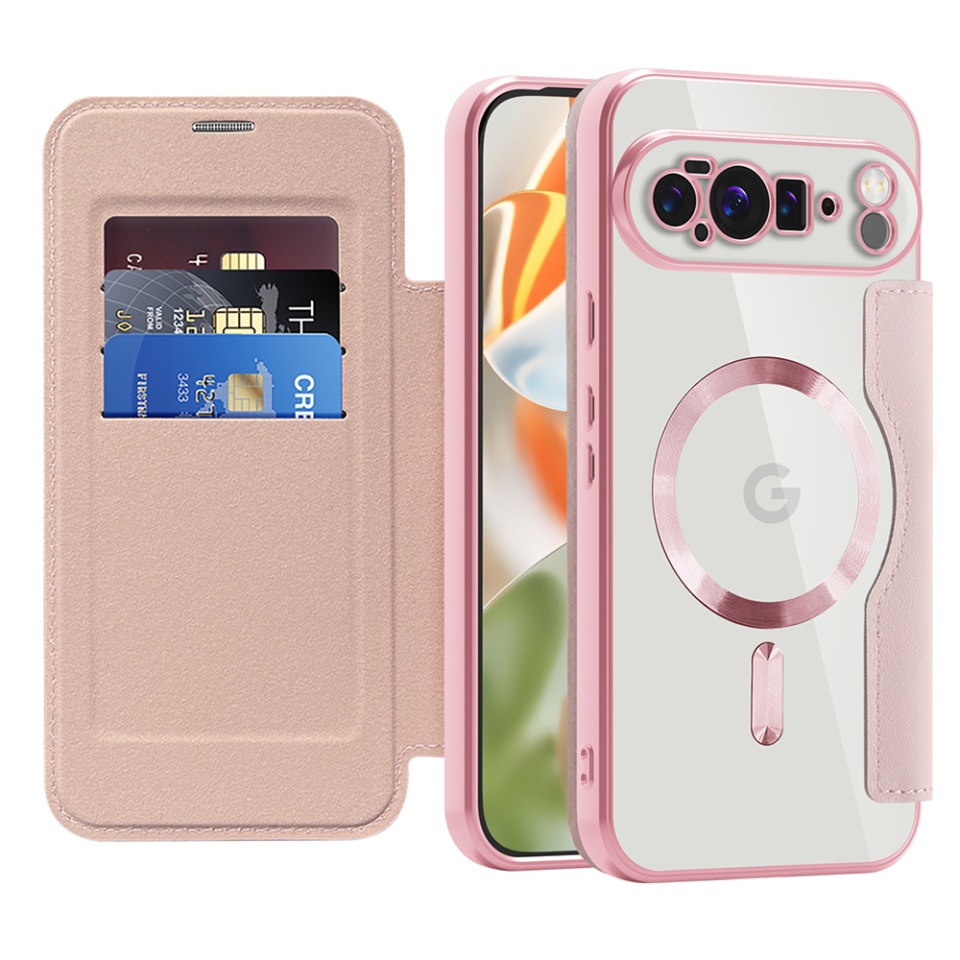 Husa pentru Google Pixel 10 Pro XL tip carte, SKYDDAR INOVATION, SmartMag Book, Magsafe, RFiD, Suport Carduri, set cu sticker, Roz