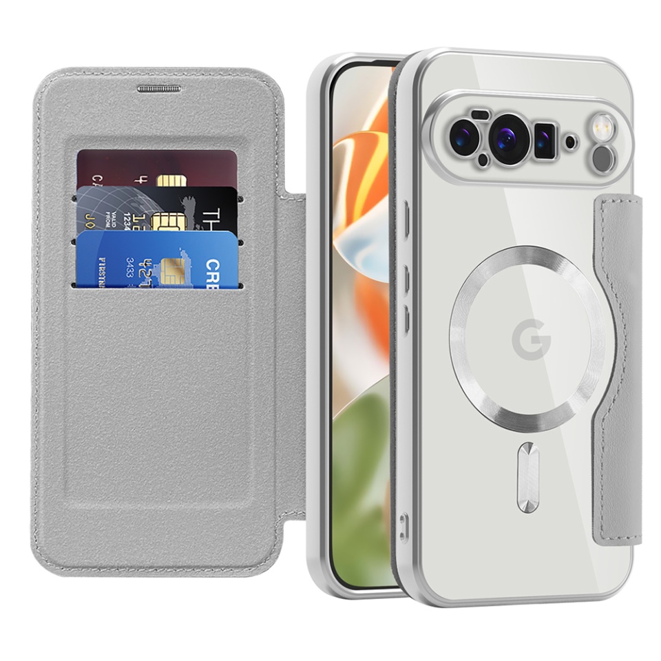 Husa pentru Google Pixel 10 Pro XL tip carte, SKYDDAR INOVATION, SmartMag Book, Magsafe, RFiD, Suport Carduri, set cu sticker, Gri