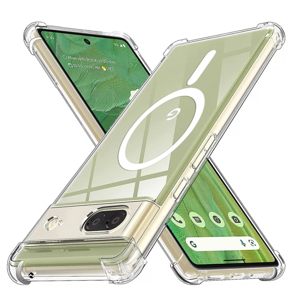 Husa pentru Google Pixel 7, SKYDDAR INNOVATION, Shockproof MagSafe din silicon, set cu sticker, Transparenta