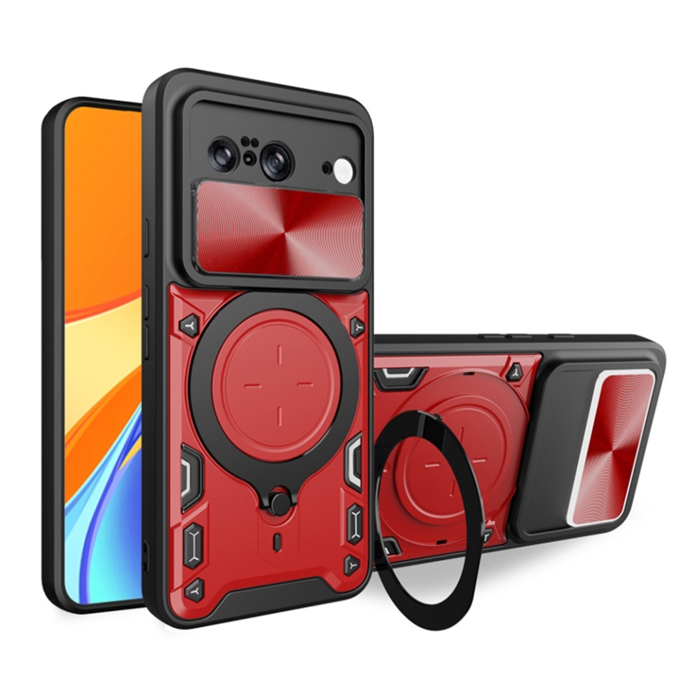 Husa pentru Google Pixel 8, cu inel magnetic si suport ajustabil, protecție completa camera, SKDR SafeCover - Rosu