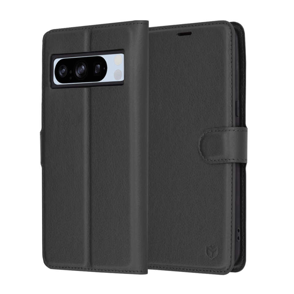 Husa pentru Google Pixel 8 Pro, SKYDDAR INNOVATION, Leather Folio tip Carte, cu Portofel Interior, Finisaje Premium, set cu sticker, Negru