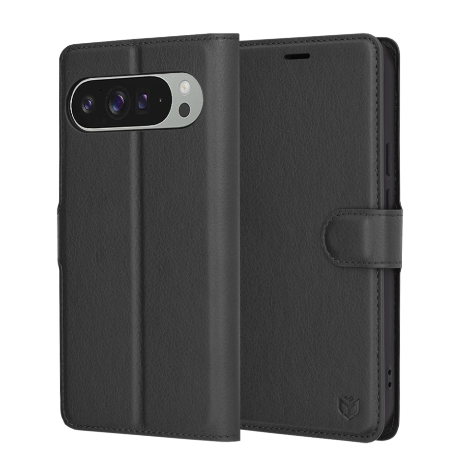 Husa pentru Google Pixel 9 Pro XL, SKYDDAR INNOVATION, Leather Folio tip Carte, cu Portofel Interior, Finisaje Premium, set cu sticker, Negru