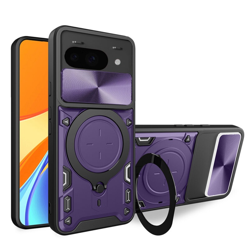 Husa pentru Google Pixel 9a, cu inel magnetic si suport ajustabil, protectie completa camera, SKDR SafeCover - Mov