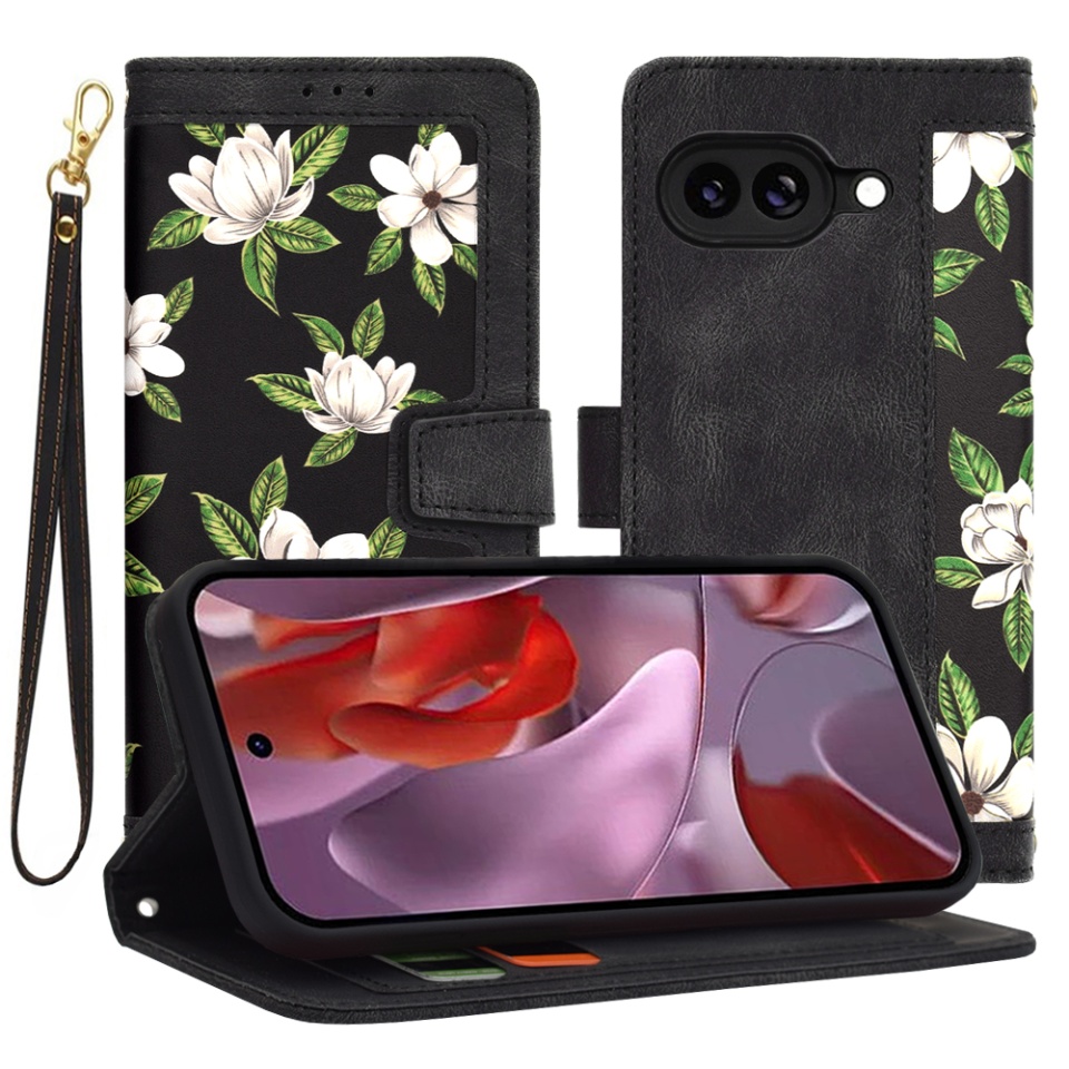 Husa pentru Google Pixel 9a din Piele Ecologică cu Design Floral, Protecție 360°, Stand Integrat, Buzunare pentru Carduri, SKDR Floral Wallet - Negru