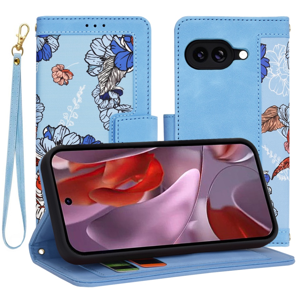 Husa pentru Google Pixel 9a din Piele Ecologică cu Design Floral, Protecție 360°, Stand Integrat, Buzunare pentru Carduri, SKDR Floral Wallet - Bleu