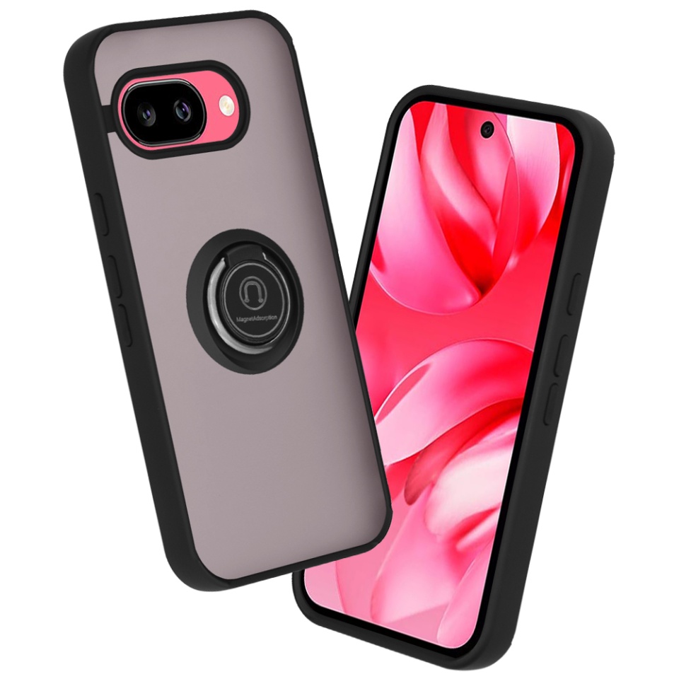 Husa pentru Google Pixel 9a, SKYDDAR INNOVATION, Glinth cu Inel Rotativ 360° Magnetic, set cu sticker, Negru
