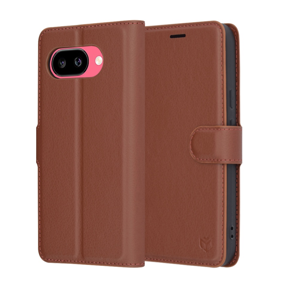 Husa pentru Google Pixel 9a, SKYDDAR INNOVATION, Leather Folio tip Carte, cu Portofel Interior, Finisaje Premium, set cu sticker, Maro