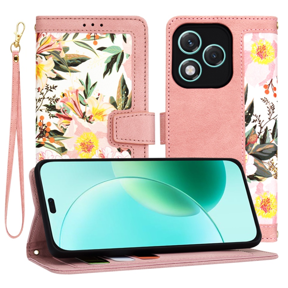 Husa pentru Honor 400 Lite, SKYDDAR INNOVATION, Floral Wallet, din Piele Ecologică cu Design Floral, Protecție 360°, Stand Integrat, Buzunare pentru Carduri, Roz, set cu sticker