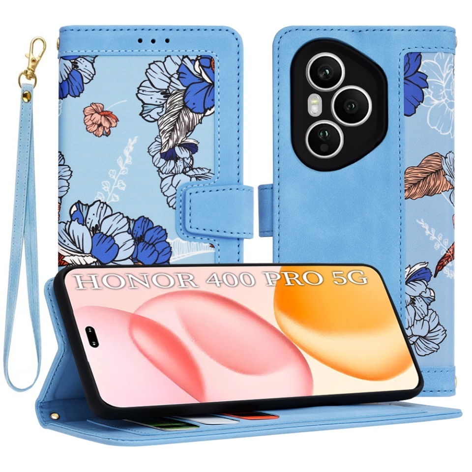 Husa pentru Honor 400 Pro, SKYDDAR INNOVATION, Flipcraft din Piele Ecologică, Stand Integrat, Buzunare pentru Carduri, set cu sticker, Bleu