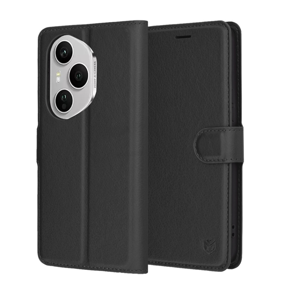 Husa pentru Honor 400 Pro, SKYDDAR INNOVATION, Leather Folio tip Carte, cu Portofel Interior, Finisaje Premium, set cu sticker, Negru