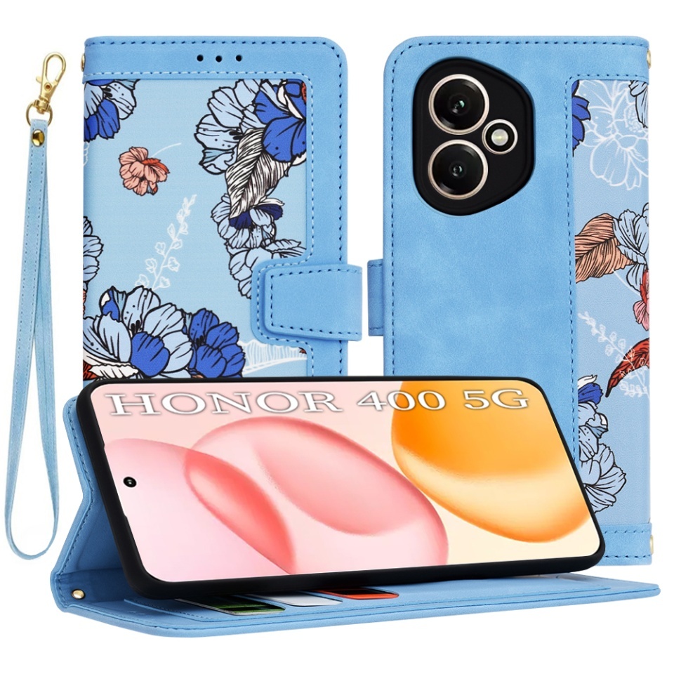 Husa pentru Honor 400, SKYDDAR INNOVATION, Flipcraft din Piele Ecologică, Stand Integrat, Buzunare pentru Carduri, set cu sticker, Bleu