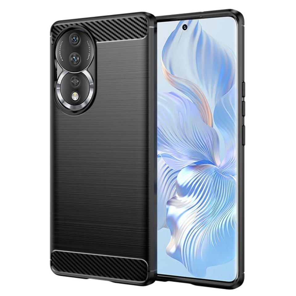 Husa pentru Honor 80 / 90, SKYDDAR INNOVATION, Carbon Silicone, din Silicon Slim, cu textura Fibra Carbon, set cu sticker, Negru