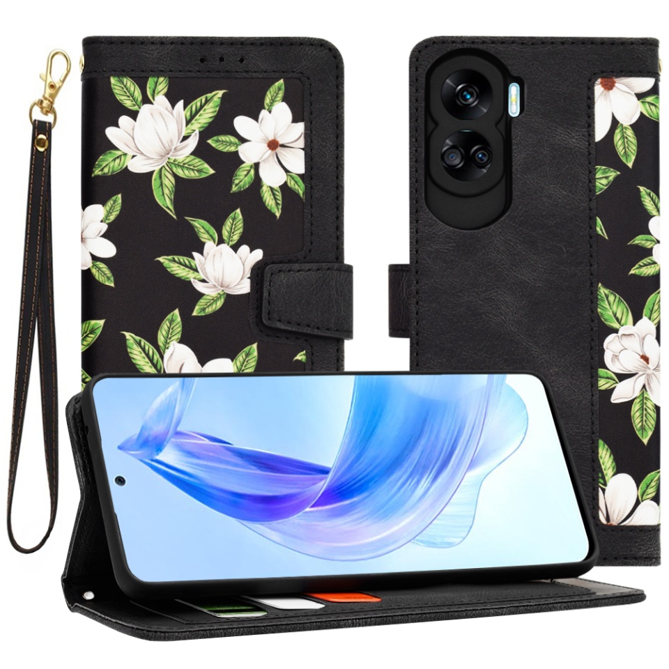 Husa pentru Honor 90 Lite din Piele Ecologică cu Design Floral, Protecție 360°, Stand Integrat, Buzunare pentru Carduri, SKDR Floral Wallet - Negru
