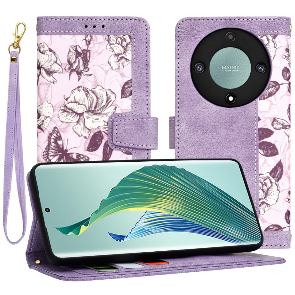 Husa pentru Honor Magic5 Lite din Piele Ecologică cu Design Floral, Protecție 360°, Stand Integrat, Buzunare pentru Carduri, SKDR Floral Wallet - Mov