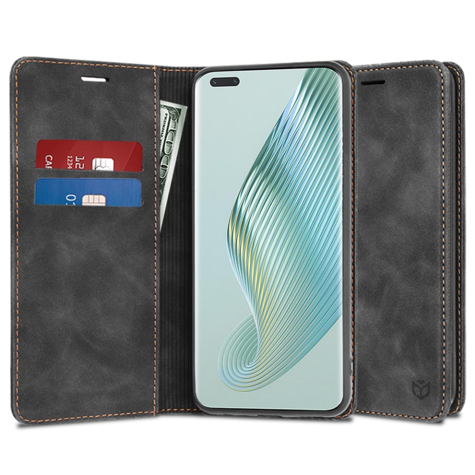 Husa pentru Honor Magic5 Pro tip Carte din piele Eco Premium, cu Portofel Interior, SKYDDAR Soft Wallet - Negru