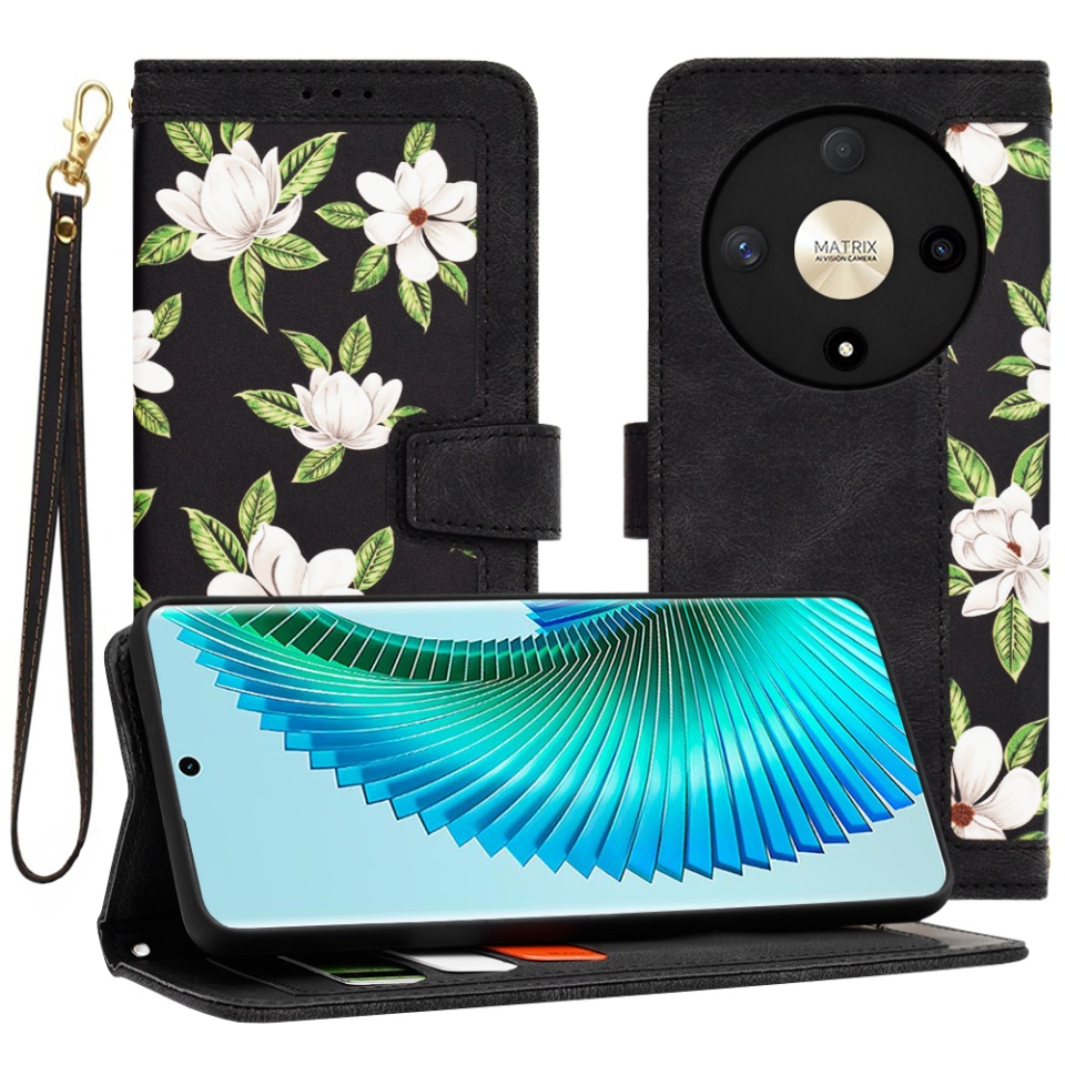 Husa pentru Honor Magic6 Lite din Piele Ecologică cu Design Floral, Protecție 360°, Stand Integrat, Buzunare pentru Carduri, SKDR Floral Wallet - Negru